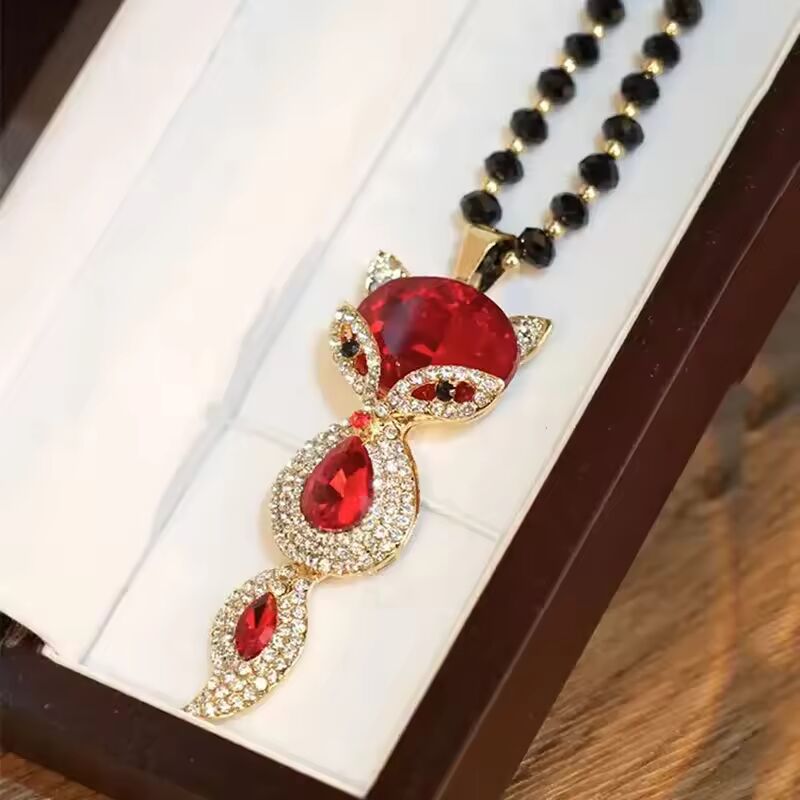 Luxury Big Crystal Rhinestone Fox Pendant Necklace for Women 2024 Fashion Long Sweater Chain Choker Collar Accesorios Mujer
